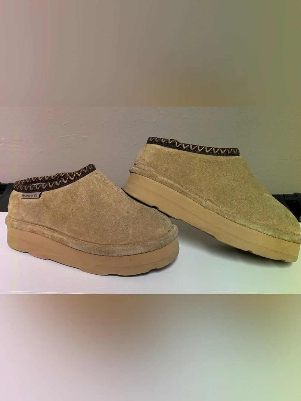 BearPaw Kids Slip-On Loafers in Tan with Patterned Trim